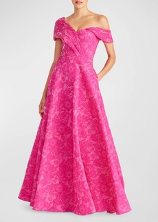 Theia Marlene One-Shoulder Floral Jacquard Gown