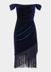 Theia Melissa Off-Shoulder Fringe Velvet Midi Dress