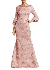 Theia Metallic Floral Jacquard Bell-Sleeve Trumpet Gown