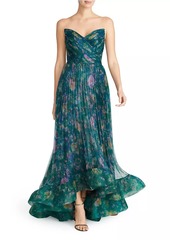 Theia Moira Strapless Pleated Floral Gown