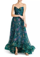 Theia Moira Strapless Pleated Floral Gown