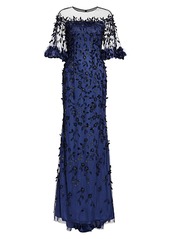 Theia Off-The-Shouler Embroidered Crystal 3D Leaves Gown