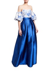 Theia Puff-Sleeve Off-the-Shoulder Floral Jacquard & Mikado Ball Gown