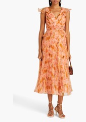 Theia - Holly pleated floral-print organza midi dress - Orange - US 6