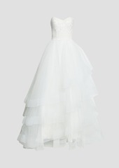 Theia - Strapless lace-paneled tiered tulle bridal gown - White - US 10