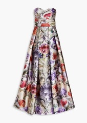 Theia - Strapless pleated floral-print faille gown - Gray - US 6