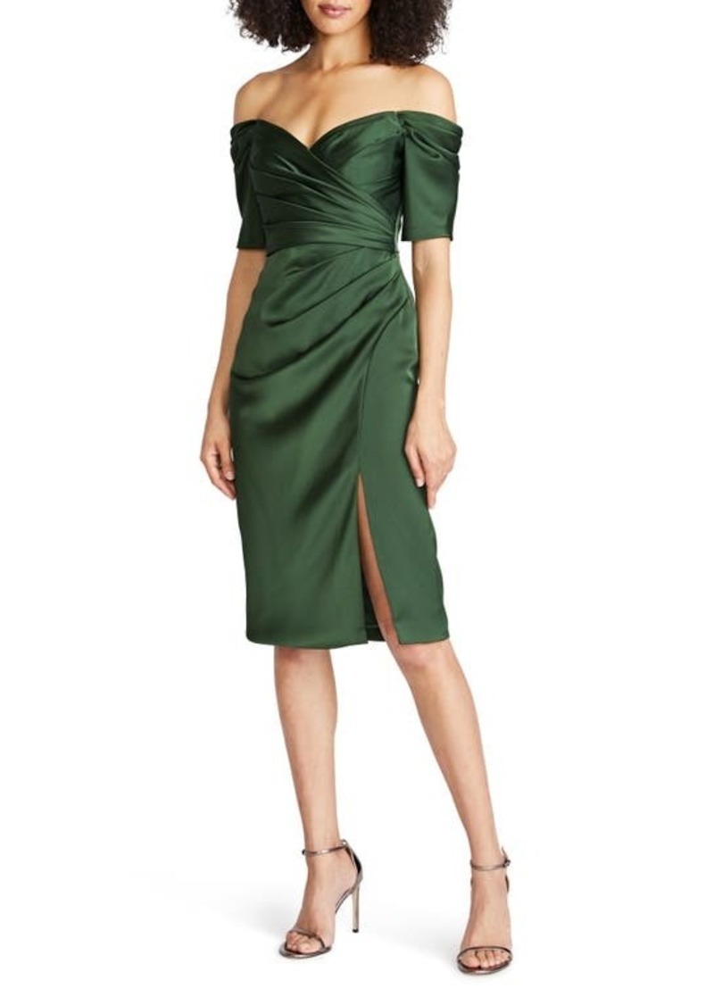 Theia Holland Pleated Off the Shoulder Satin Cocktail Dress