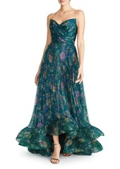 Theia Moira Floral Pleated Strapless High-Low Gown