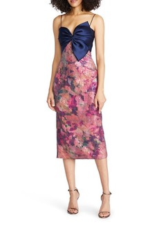 Theia Rosa Sequin Floral Print Asymmetric Bow Cocktail Dress