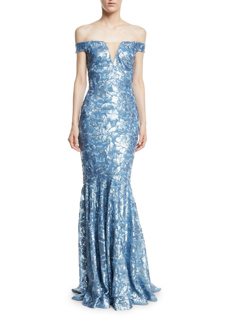 Theia Sequin Embellished Off-the-Shoulder Gown