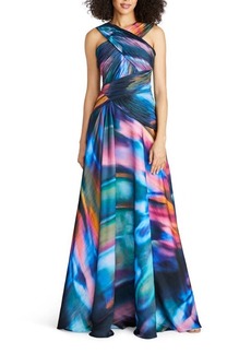 Theia Stacy Abstract Print Crossover Neck Faux Wrap Gown
