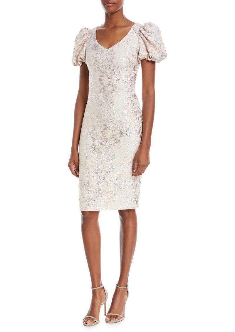 Theia V-Neck Puff-Sleeve Tissue-Weight Cocktail Dress