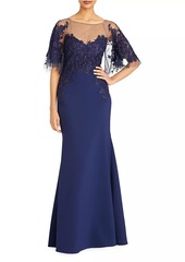 Theia Verona Semi-Sheer Floral-Embroidered Gown
