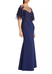 Theia Verona Semi-Sheer Floral-Embroidered Gown