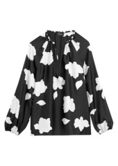 Theory Floral V-Neck Puff-Sleeve Silk Blouse