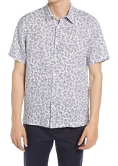 Theory Irving Regular Fit Palm Print Short Sleeve Button-Up Linen Shirt in White Multi at Nordstrom