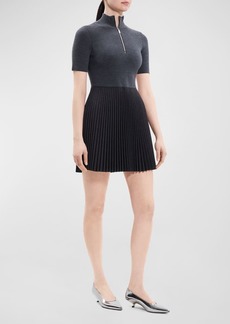 Theory Short-Sleeve Pleated Knit Combo Mini Dress