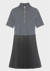 Theory Short-Sleeve Pleated Knit Combo Mini Dress