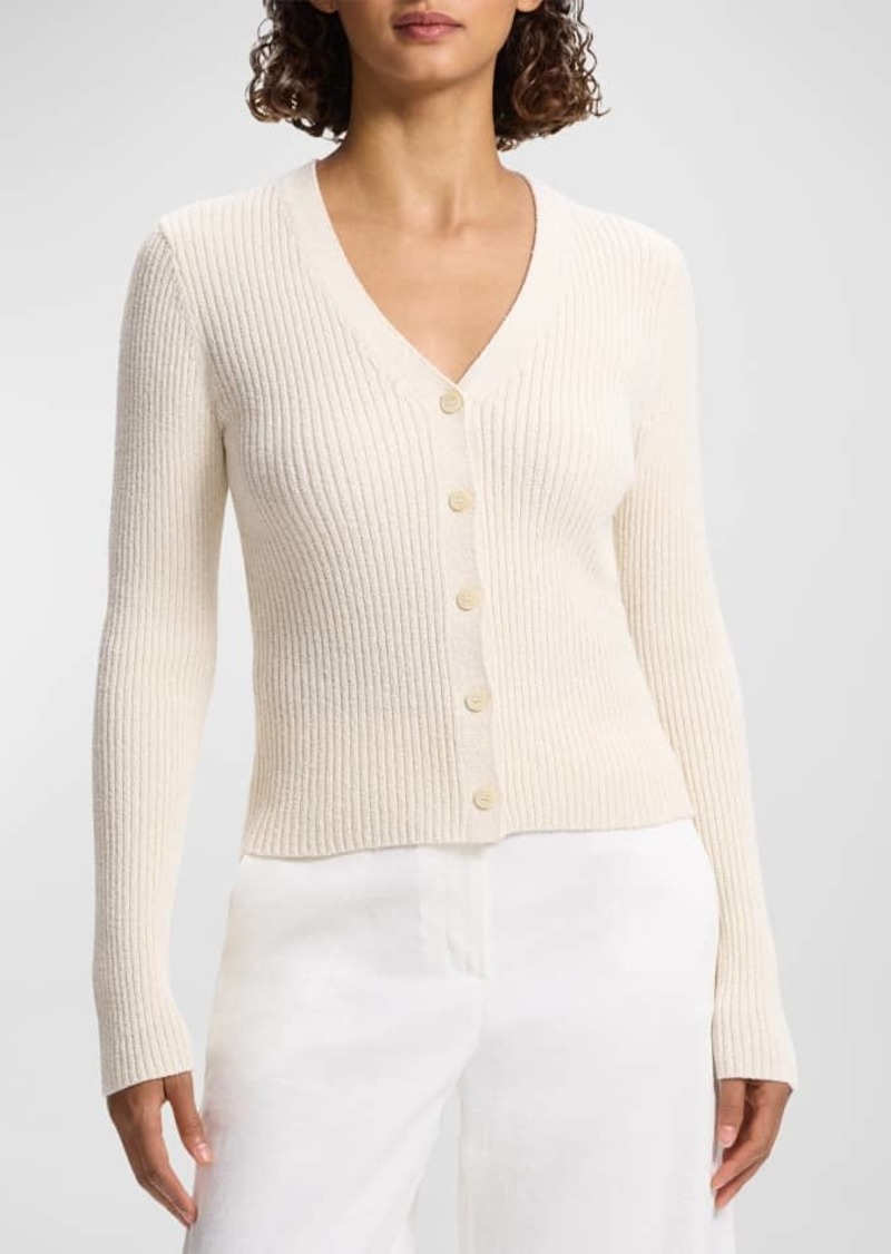 Theory Textured Cotton Rib Fitted V-Neck Cardigan