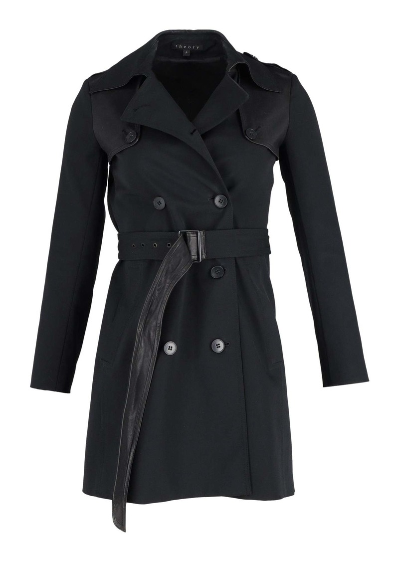 Theory Double-Breasted Trench Coat with Belt in Black Cotton