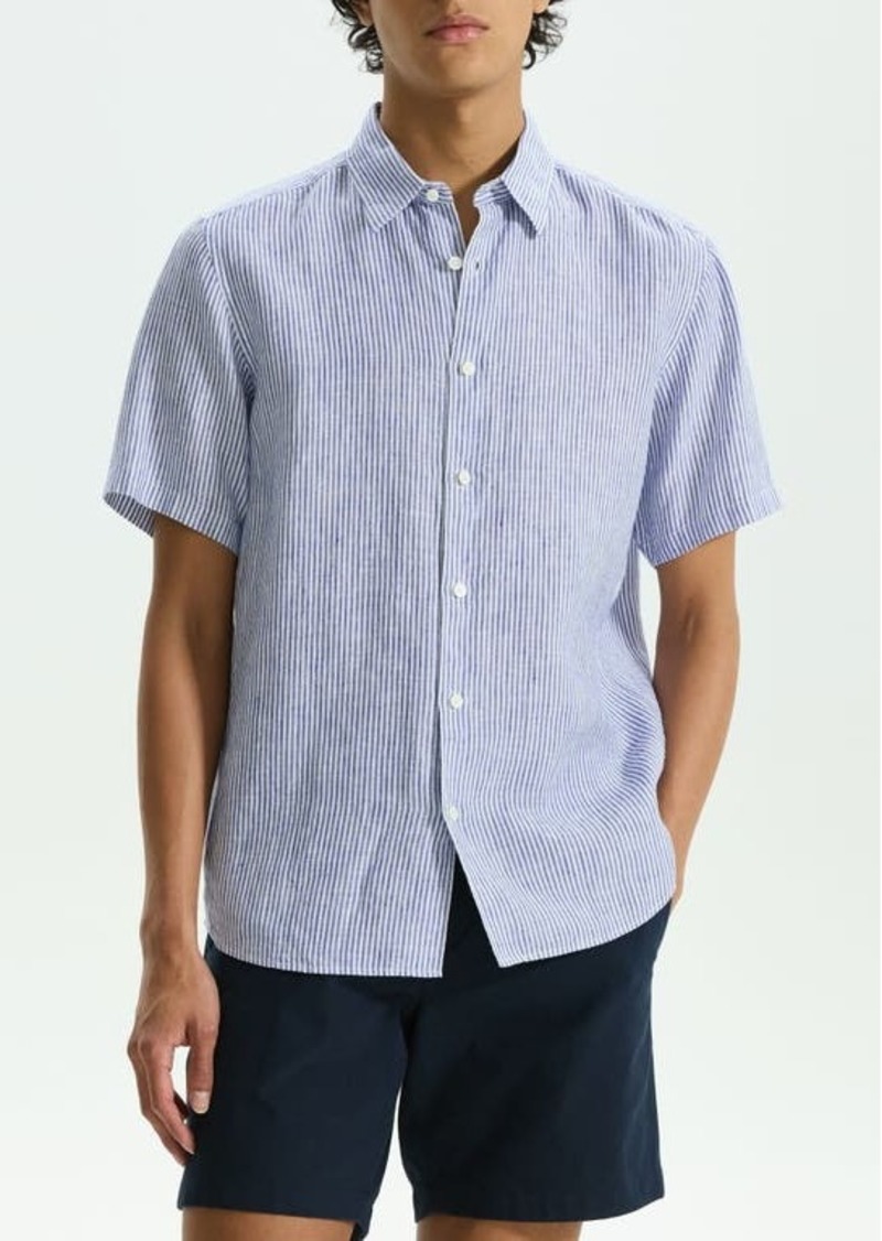 Theory Irving Pinstripe Short Sleeve Linen Button-Up Shirt