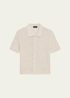 Theory Neo Harbor Chain Mesh Short-Sleeve Linen-Blend Shirt