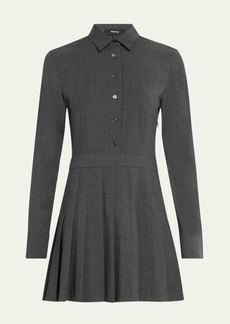 Theory Pleated Wool Suiting Long-Sleeve Mini Shirtdress