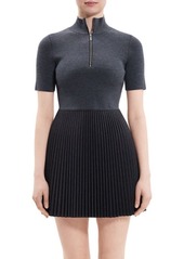 Theory Quarter Zip Pleated Wool Blend Minidress