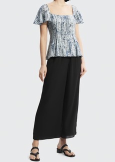 Theory Short-Sleeve Godet Printed Silk Top