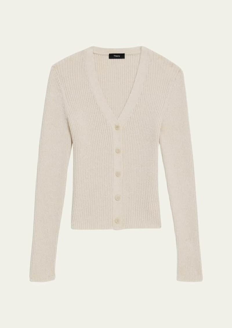 Theory Textured Cotton Rib Fitted V-Neck Cardigan