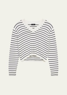 Theory Waverly Cotton Stripe Cropped V-Neck Sweater