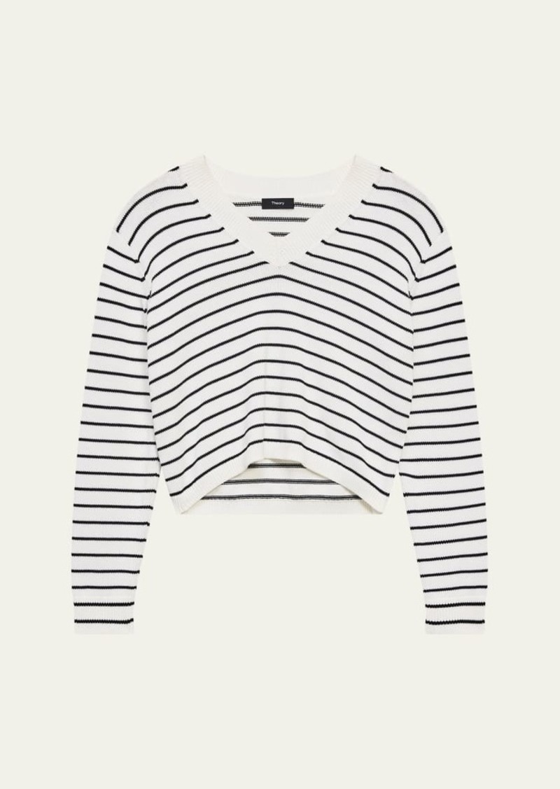 Theory Waverly Cotton Stripe Cropped V-Neck Sweater