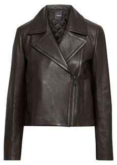 Theory Woman Leather Biker Jacket Dark Brown