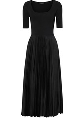 Theory Woman Pleated Satin-crepe And Ribbed-knit Midi Dress Black