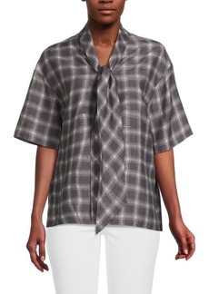 Theory Tie Neck Plaid Silk Blend Top