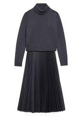 Theory Turtleneck Wool-Blend Pleated Sweaterdress