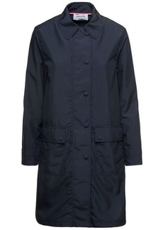 Thom Browne Blue Single-Breasted Trench Coat with Round Collar in Ripstop Woman