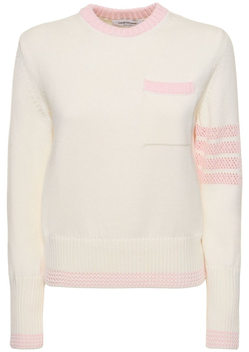 Thom Browne Cotton Knit 4 Stripe Sweater W/ Pocket