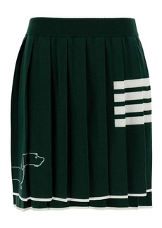 Thom Browne Green Pleated Mini-Skirt with Dachshund Print and 4 Bar Detail in Wool Woman