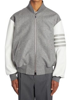 Thom Browne 4-Bar Oversize Wool & Leather Bomber Jacket in Medium Grey at Nordstrom