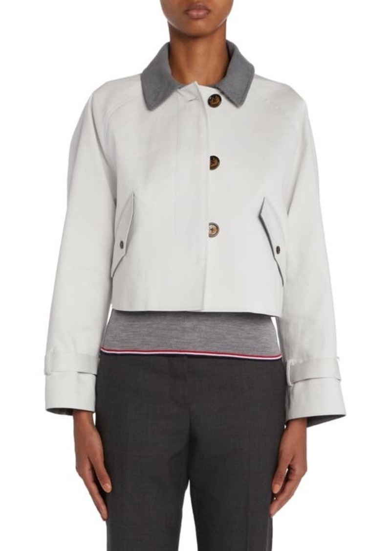 Thom Browne Crop Cotton Car Coat with Removable Tie Detail Hood