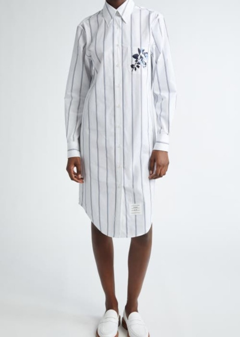 Thom Browne Floral Embroidered Stripe Long Sleeve Cotton Shirtdress
