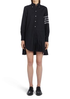 Thom Browne Half Pleated Long Sleeve Cotton Flannel Shirtdress in Navy at Nordstrom