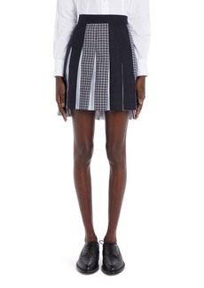Thom Browne Micro 4-Bar Check Drop Back Pleated Wool Miniskirt in Navy at Nordstrom