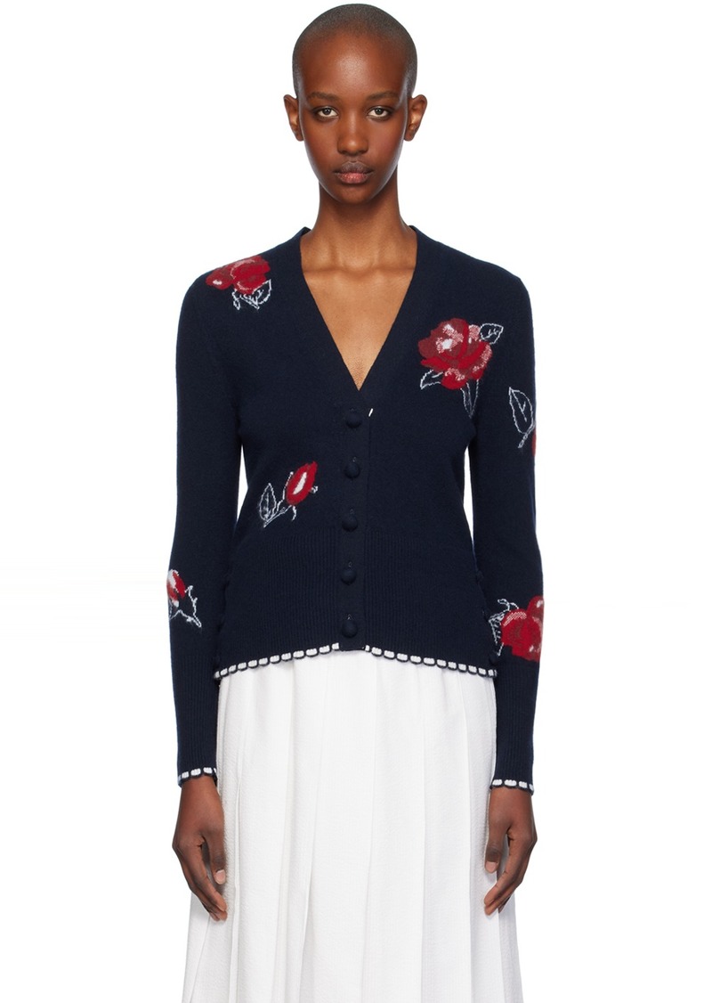 Thom Browne Navy Wool Brushed Rose Cardigan