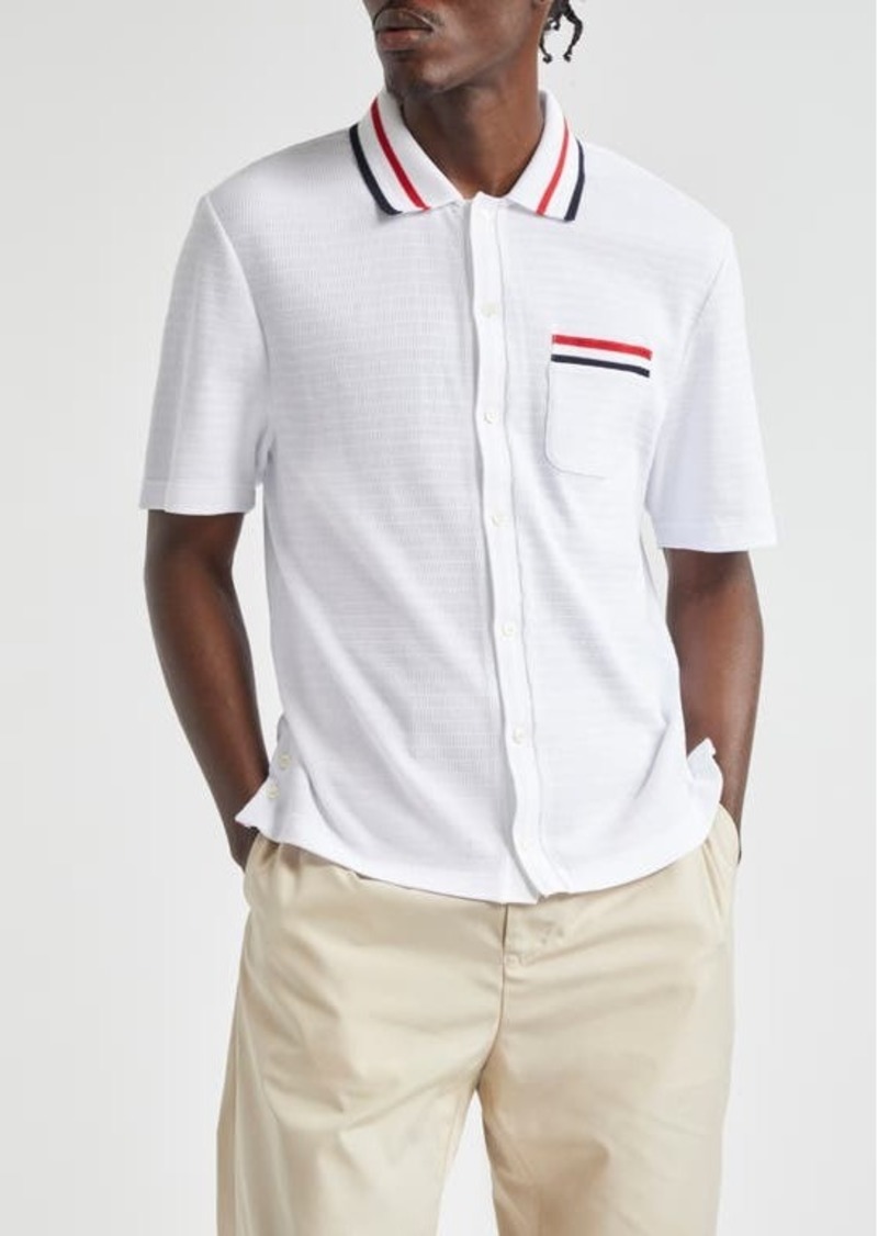 Thom Browne Short Sleeve Knit Cotton Button-Up Shirt