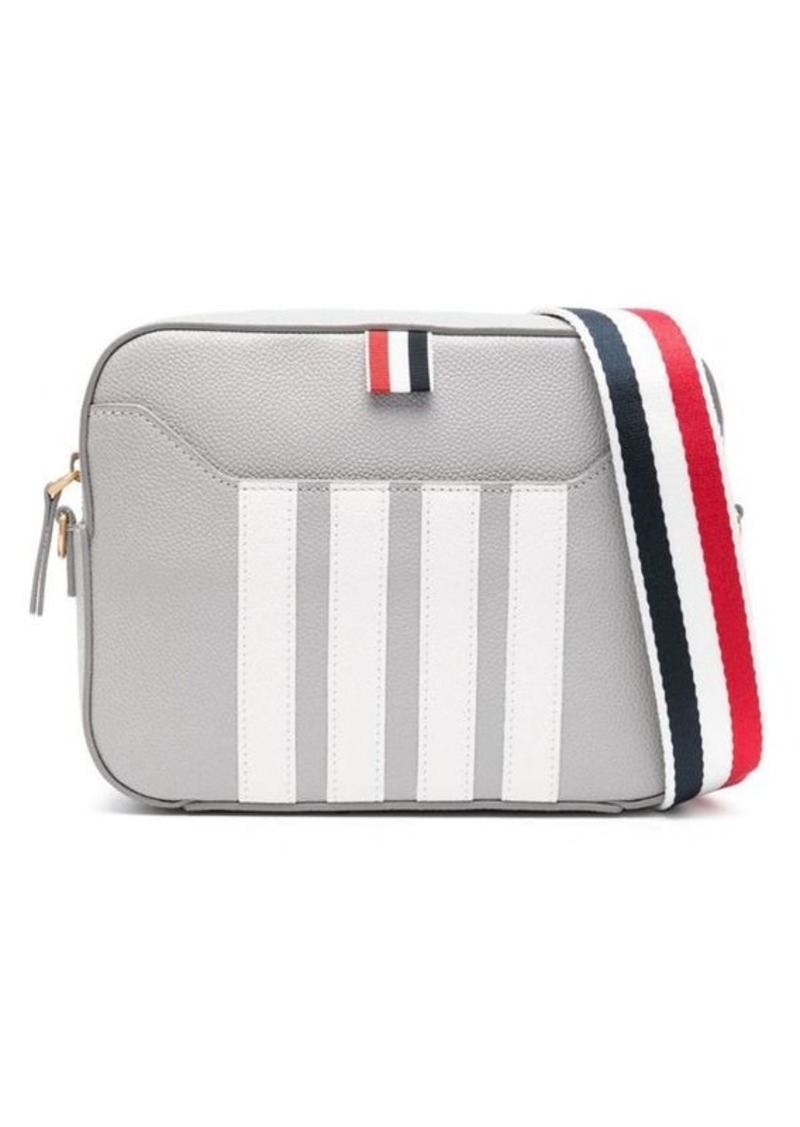 THOM BROWNE SMALL CAMERA BAG WITH RWB STRAP & 4 BAR STRIPES IN PEBBLE GRAIN LEATHER BAGS