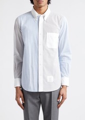 Thom Browne Straight Fit Stripe Cotton Seersucker Button-Down Shirt