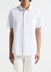 Thom Browne Straight Fit Stripe Cotton Seersucker Button-Up Shirt