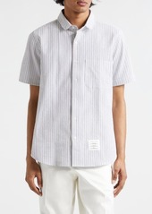 Thom Browne Straight Fit Stripe Cotton Seersucker Button-Up Shirt